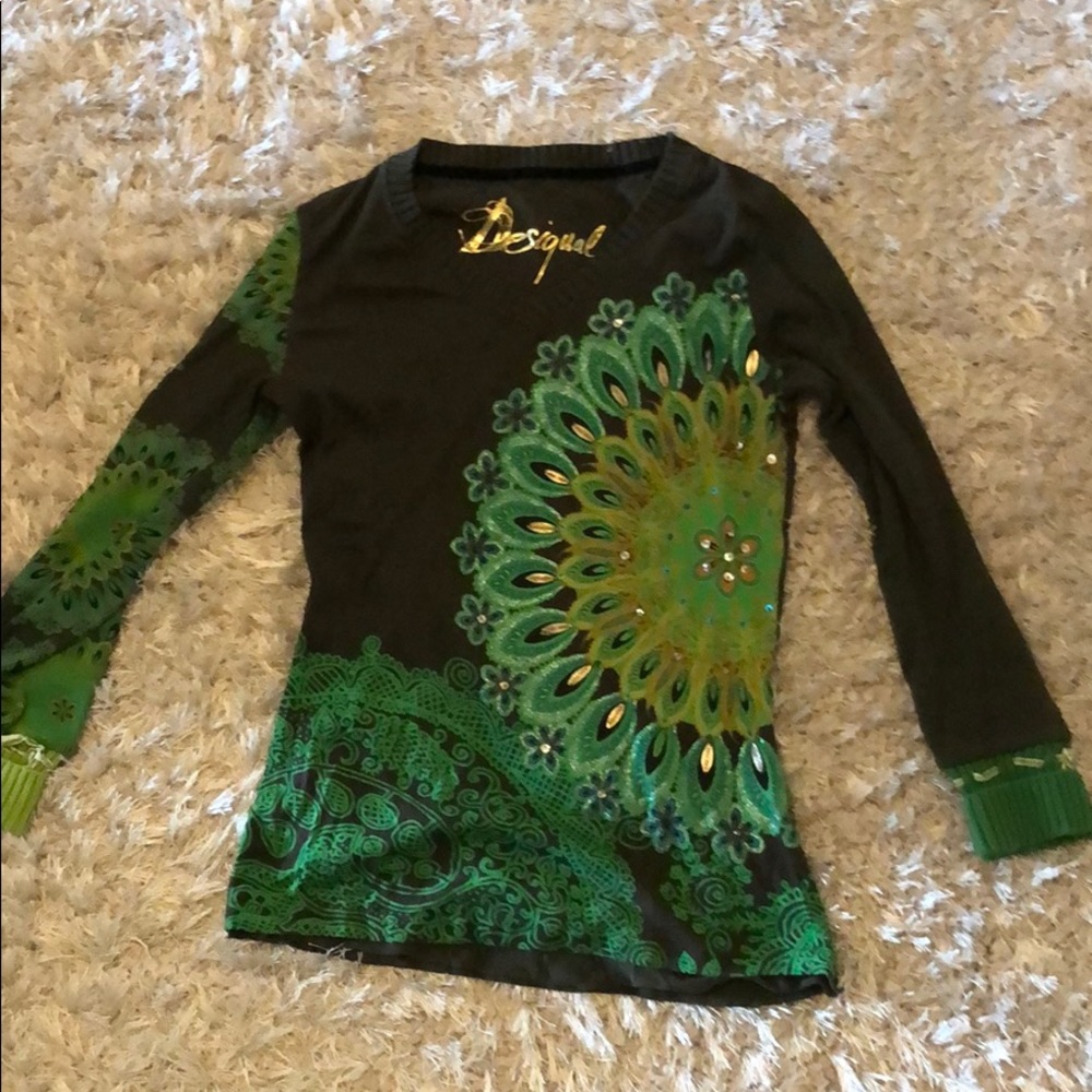 Beautiful brown sweater with lime green print!